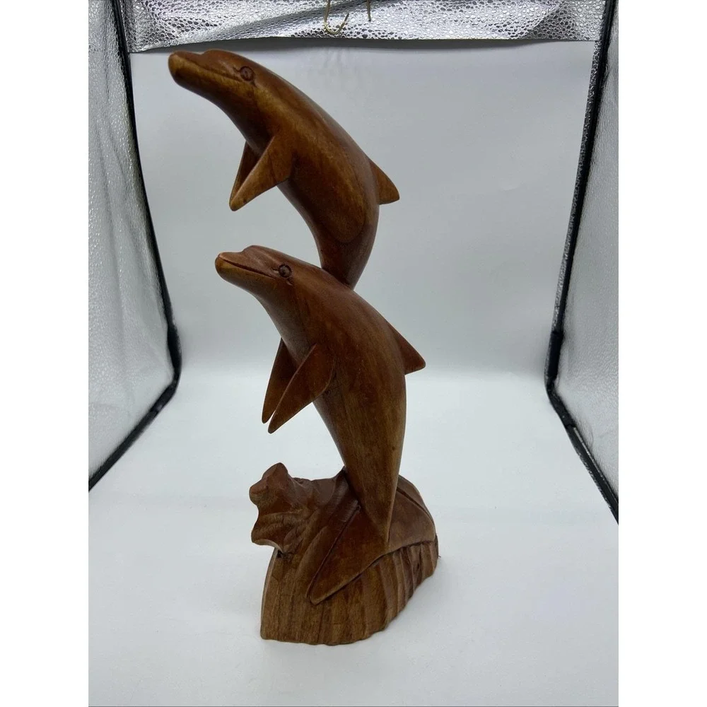 Vintage Hand Carved Wood Dolphin Sculpture Double Leaping Dolphin Nautical Decor